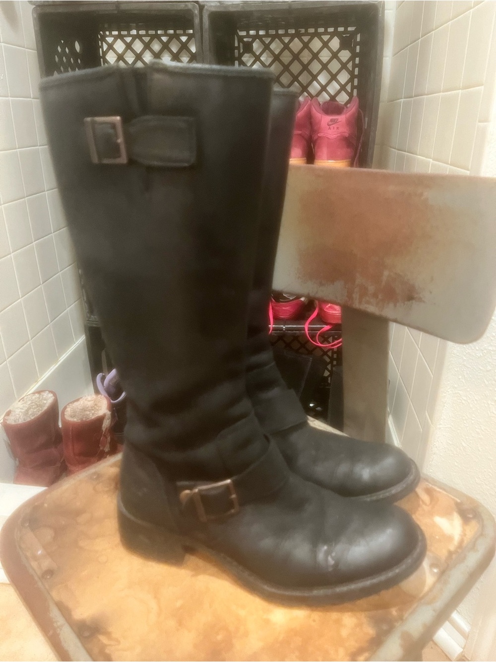 Timberland Black Lace-Up Knee-High Buckle Boots